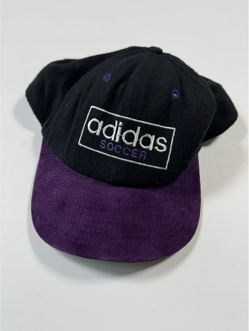 Vintage Adidas Soccer Hat Made USA Black Purple Green Underbrim Snapback 90s